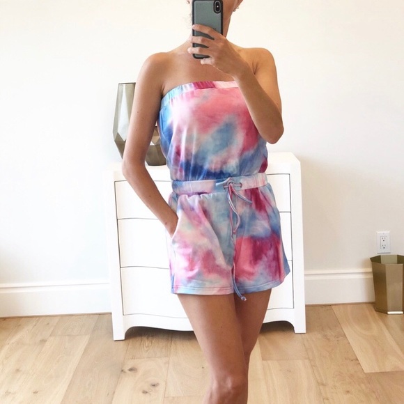 Pink/Blue Tie Dye Strapless Romper / Small - Picture 4 of 6